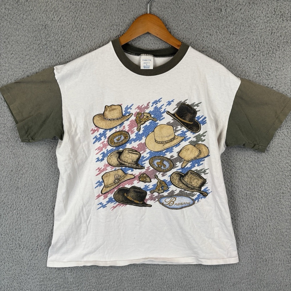 Vintage Branson T-Shirt Size Large White Olive Graphic Tee Cowboy 90s Made USA